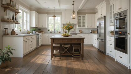 Fototapeta premium Flooring: The kitchen floor is made of either hardwood or tiles with a rustic finish, complementing the overall aesthetic.