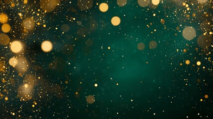 Golden Bokeh Lights Green Background, Sparkling Lights on Green, Party Lights in Green, Celebration Lights