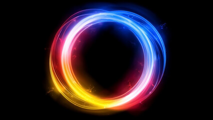 A vibrant and dynamic neon light circle with bright blue, pink, and yellow streaks swirling in a circular motion, set against a dark background, creating a sense of motion and energy.