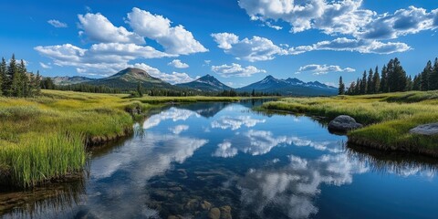 Tranquil creek reflecting vibrant blue sky and fluffy white clouds, surrounded by lush green grass and majestic mountain backdrop.