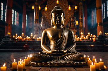Fototapeta premium Buddha Statue Surrounded By Candles And Incense Smoke In A Quiet Meditation Hall