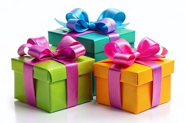Fototapeta premium Colorful Gift Boxes Pile, Assorted Sizes, Ribbon Bows, Isolated White Background - Stock Photo