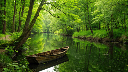 idyllic view of a wooden boat floating on a calm river, framed by dense, verdant trees and vibrant greenery, epitomizing nature's tranquility."