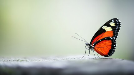 Obraz premium Stunning Close-up of a Vibrant Red and Orange Butterfly Resting on a Natural Surface, Showcasing Delicate Wings and Serene Background