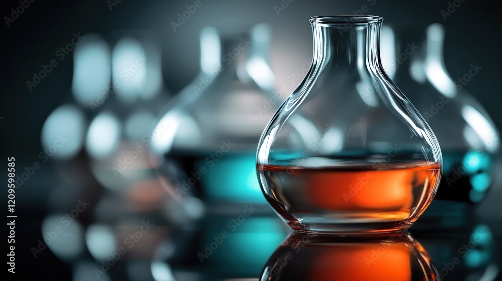 Aufkleber colorful glass bottles with liquid in soft focus on dark background, highlighting reflection and tra