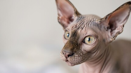 Close-Up of a Hairless Sphynx Cat With Striking Green Eyes