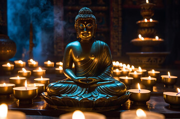 Fototapeta premium Buddha Statue Surrounded By Candles And Incense Smoke In A Quiet Meditation Hall