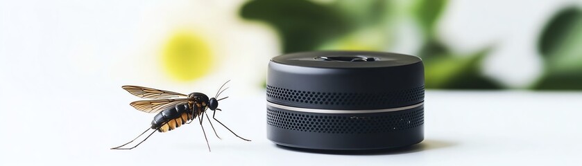 Mosquito near a black device on a light surface with blurred background.