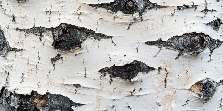 Close-up view of birch tree bark displaying white and black patterns with intricate textures and natural imperfections, well-lit in daylight.