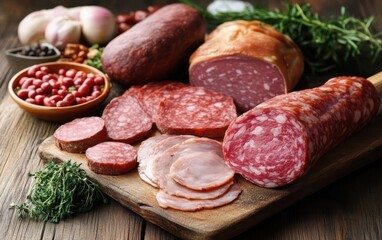 A detailed close-up of a wooden cutting board showcasing fresh meat and vibrant vegetables, highlighting culinary preparation and ingredients.
