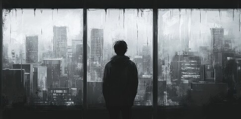 Fototapeta premium Person Observing Urban Skyline From Window