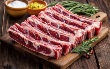 Fototapeta premium Araw meat rests on a wooden cutting board accompanied by a bowl filled with aromatic seasoning ready for culinary preparation.