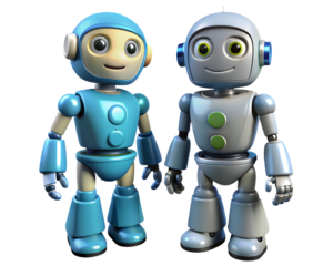 Friendly Robots Duo: Two adorable cartoon robots, one light blue and one light gray, stand side-by-side, exhibiting friendly expressions and a sense of companionship.