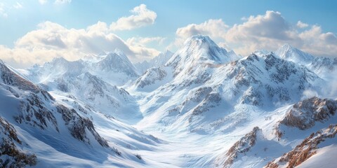 Obraz premium Snow-covered mountain landscape featuring rugged peaks in the background with a clear blue sky and soft white clouds, serene winter scene.