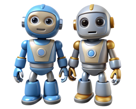 A New Era of Companionship: Two friendly robots, one blue and one silver, stand side-by-side, showcasing a playful bond and a vision of a future with AI companionship.