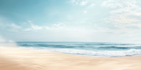 Fototapeta premium Serene beach scene with soft beige sand and calm blue ocean under a clear sky featuring ample copy space for summer-themed designs.