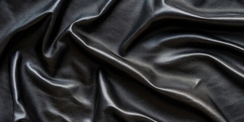 Obraz premium Black leather texture with smooth, glossy finish showcasing deep folds and creases against a dark background, highlighting its luxurious quality.