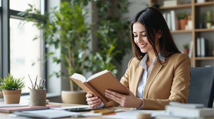 Fototapeta premium Confident Woman Reading Book While Working in a Modern Office