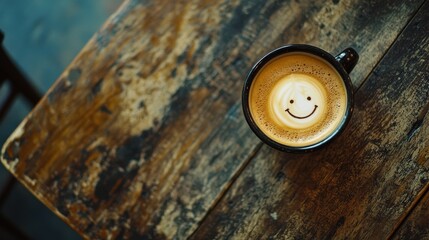 Naklejka premium Coffee Cup Smile, Coffee Art Latte, Rustic Background, Wooden Table, Morning Coffee Vibes, Caffeine Fix, Coffee Photography