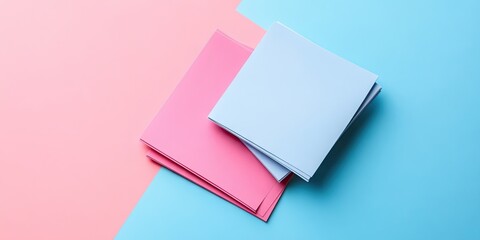 Pink sticky notes stacked on blue background creating contrast with pink and blue colors, arranged top left with blue sheet underneath.