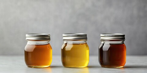 Three small glass jars with silver metal caps containing vibrant layers of golden, amber, and dark honey against a soft grey background