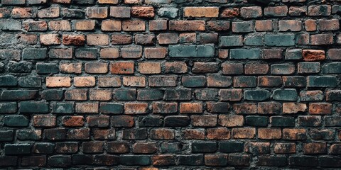 Fototapeta premium Textured brick wall in dark shades of black and brown with varying brick sizes and rustic imperfections creating a vintage urban feel.