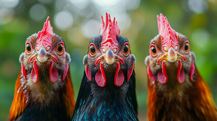 Naklejka premium Closeup of three chicken with different colours (dark brown, black and brown) looking into the camera