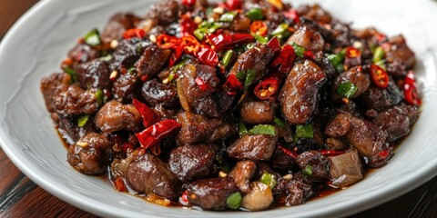 Stir-fried gizzards with vibrant red chili peppers and green herbs served in a white bowl on a dark wooden table background.