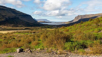 Scenic Icelandic valley with mountains and lake.