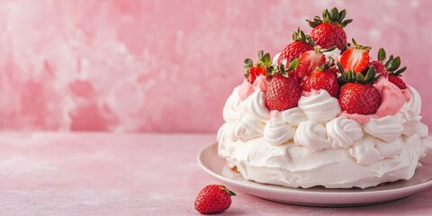 Vibrant Pavlova dessert on a pale pink background topped with whipped cream strawberries and meringues, featuring ample copy space for text.