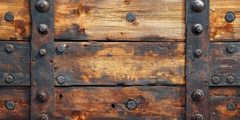 Fototapeta premium Rustic wooden boards with rich brown tones and metallic rivets creating a textured background showcasing an aged and weathered appearance.