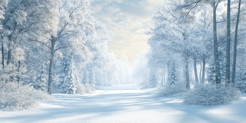 Fototapeta premium Serene winter forest blanketed in snow with soft blue sky and ample white space ideal for greeting card designs and festive celebrations
