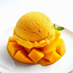 Close-up shot of a mango ice cream scoop, showcasing its creamy texture and sweet allure. Captured from multiple angles, it's perfect for highlighting desserts and decorative presentations.