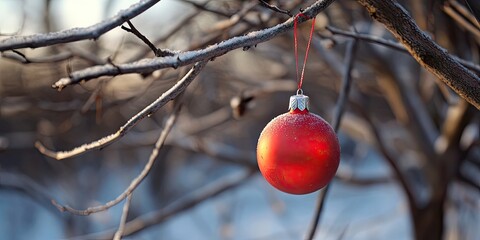 Red ball ornament hanging from a frost-covered branch on a winter tree with a blurred snowy background during the New Year season