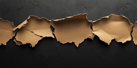 Torn sections of brown cardboard layered on a dark textured black background showcasing jagged edges and varying shapes arranged horizontally.