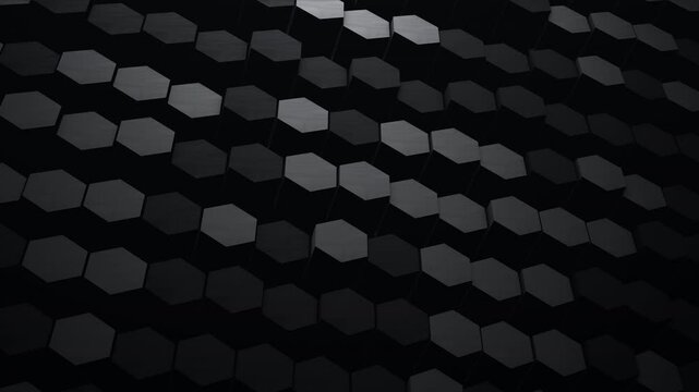 Digital black white hexagonal geometric flowing wall surface. Abstract moving dark shapes illuminated by light. Minimalistic honeycomb grid pattern. 4k 60fps looped graphic.