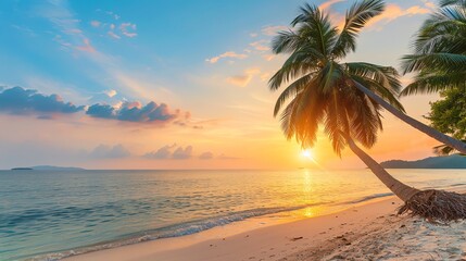 A tropical beach with a beautiful sunset over the ocean.