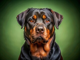 Obraz premium Confident Rottweiler Dog Portrait - Strong Build, Loyal Expression, Green Background