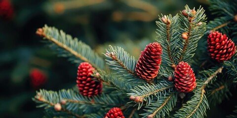 Spruce tree with vibrant green branches and striking red cones, showcasing detailed textures and natural beauty in a close-up view.