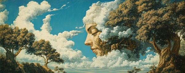 A classic painting of a dreamlike world where trees have faces and clouds dance in the sky, inviting us to explore the depths of our imagination and the subconscious mind.