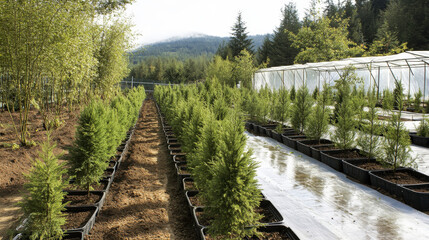 Lush Green Nursery with Row of Young Trees Growing in Pots Under Clear Sky Surrounded by Forested Mountains and Natural Landscape