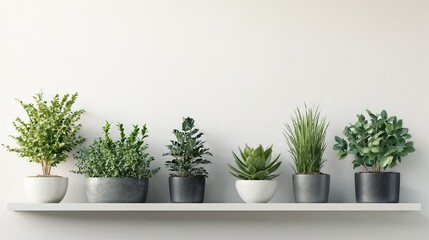 Potted Plants Arranged on White Shelf Against White Wall
