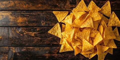 Golden tortilla nachos piled on a dark wood background viewed from above with ample negative space on the left for adding text or graphics