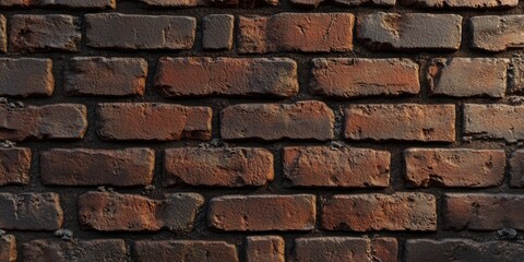 Fototapeta premium Textured red brick wall surface with uneven weathered edges, displaying rich earthy tones and varying brick arrangements in horizontal alignment.