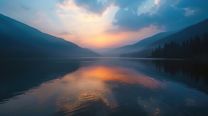 Fototapeta premium A sunset over a lake in a mountainous area.