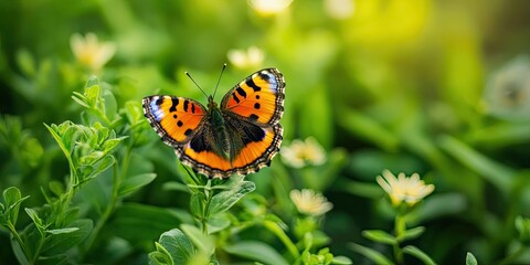 Obraz premium Small tortoiseshell butterfly perched on delicate white flowers surrounded by vibrant green foliage illuminated by soft sunlight in the background