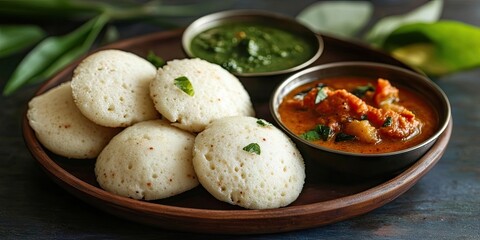 Delicious South Indian fried idli arranged on a rustic wooden plate with vibrant green coconut chutney, rich tomato upma, and sambar.