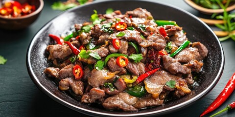 Stir-fried gizzards with vibrant green and red chili peppers in a sleek black bowl on a dark green background with herbs scattered around.