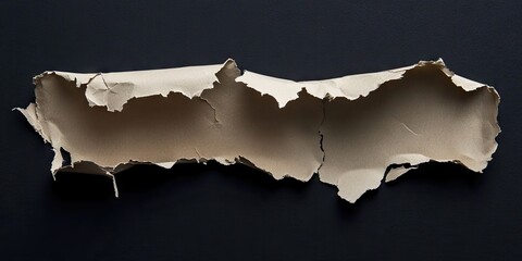 Torn beige paper on a solid black background creating a space for promotional text centered horizontally with jagged edges and soft shadows