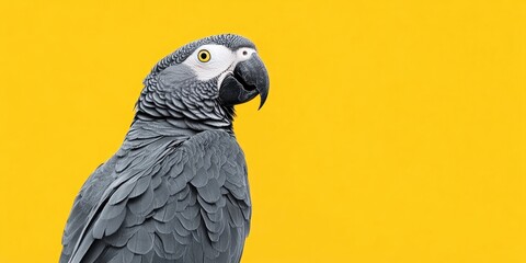 Obraz premium African Gray parrot in profile against a bright yellow background highlighting its gray feathers and striking yellow eye detail on the left side